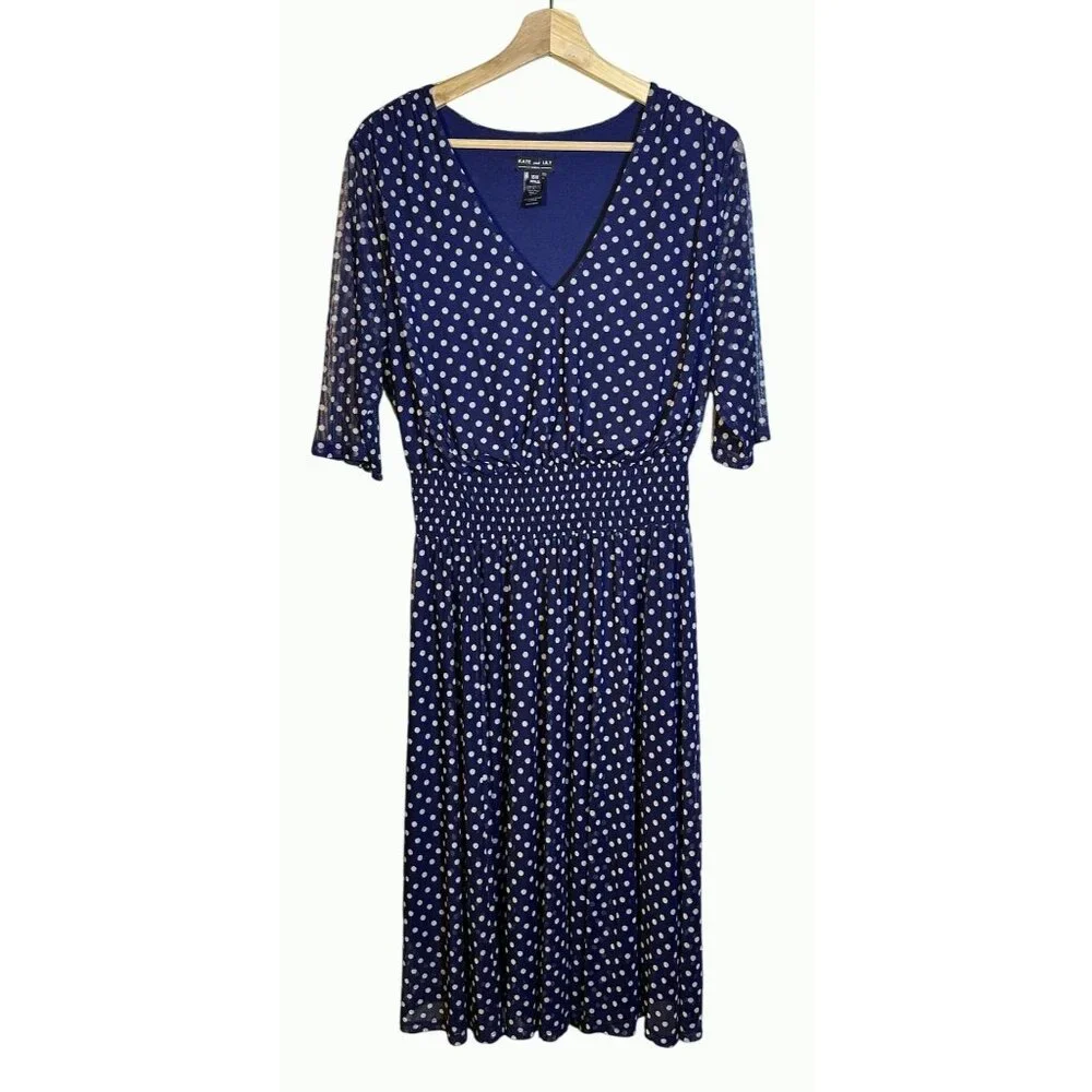 Kate & Lily Blue White Polka Dot V-Neck‎ Midi Dress Elbow-Length Sleeves Size 16